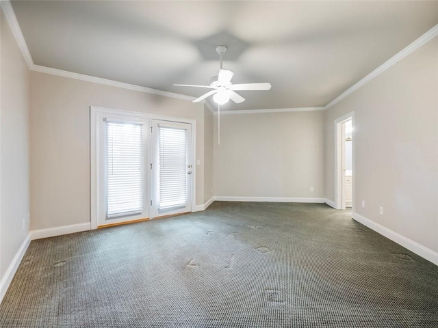 empty room featuring ceiling fan, crown molding, and carpet floors