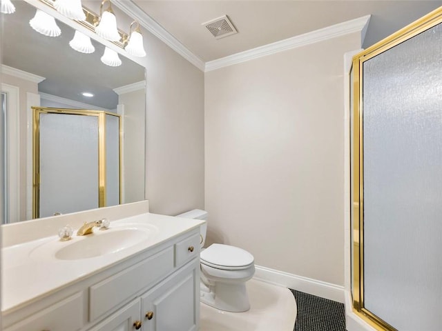 bathroom featuring vanity, crown molding, toilet, a shower stall, and visible vents