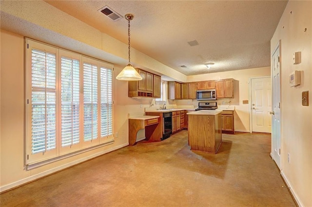 kitchen with a center island, light colored carpet, a textured ceiling, decorative light fixtures, and appliances with stainless steel finishes