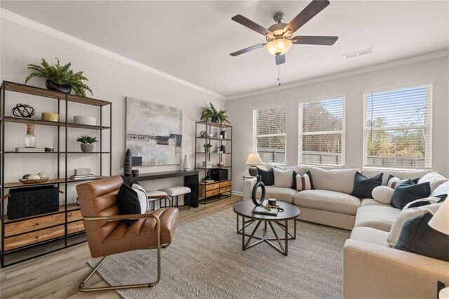 living room featuring ornamental molding, ceiling fan, and light wood-type flooring