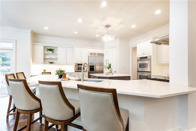 kitchen featuring white cabinets, range hood, stainless steel appliances, and light countertops