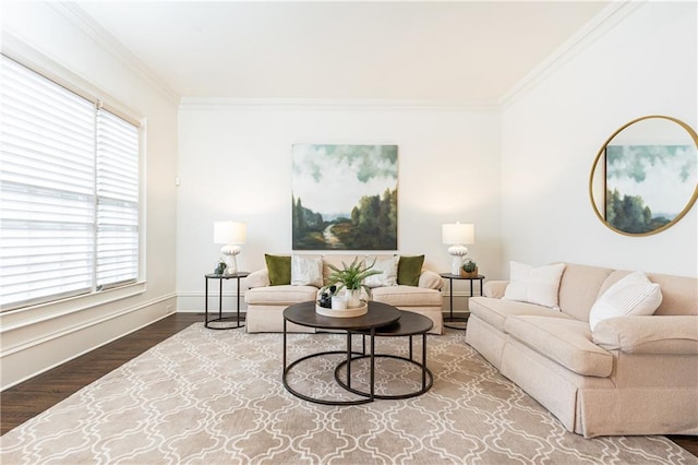 living area featuring crown molding, baseboards, and wood finished floors