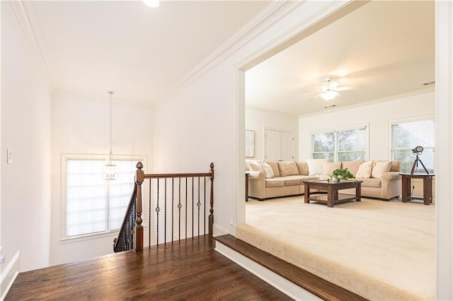 hall featuring wood finished floors, an upstairs landing, and crown molding