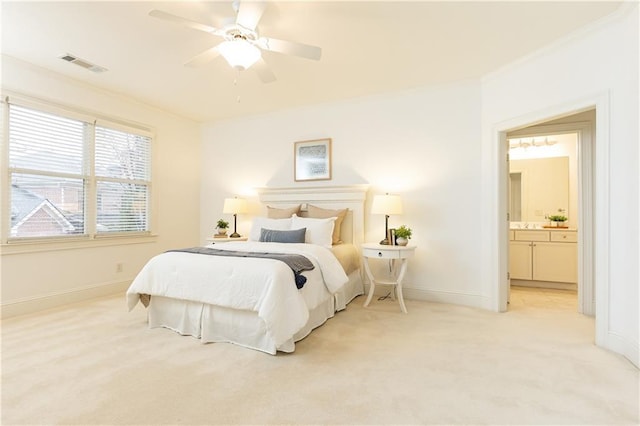 bedroom with ceiling fan, light carpet, visible vents, baseboards, and ornamental molding