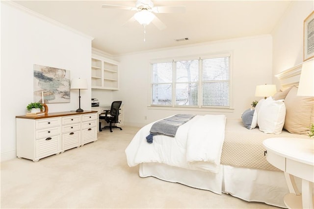 bedroom featuring baseboards, visible vents, a ceiling fan, light colored carpet, and ornamental molding