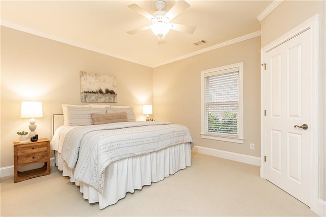 bedroom featuring crown molding, visible vents, carpet flooring, ceiling fan, and baseboards