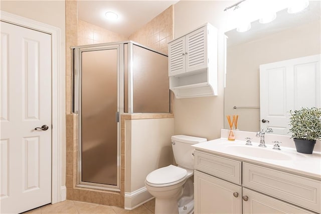 full bath with tile patterned flooring, a shower stall, toilet, and vanity