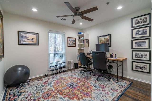 home office featuring visible vents, recessed lighting, baseboards, and wood finished floors