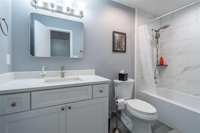 bathroom with shower / bath combination with curtain, toilet, and vanity