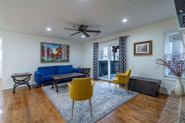 1901 Cumberland Ct, Smyrna, GA 30080 - living area featuring wood finished floors, a textured ceiling, recessed lighting, baseboards, and ceiling fan
