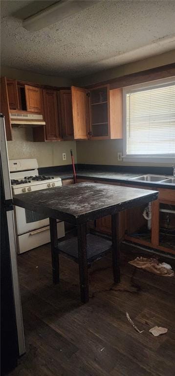 kitchen with sink, dark hardwood / wood-style flooring, stainless steel refrigerator, a textured ceiling, and white range with gas cooktop