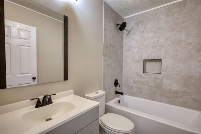 full bathroom featuring bathtub / shower combination, vanity, toilet, and a textured ceiling