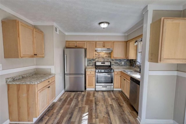 kitchen with light brown cabinets, stainless steel appliances, a sink, and under cabinet range hood