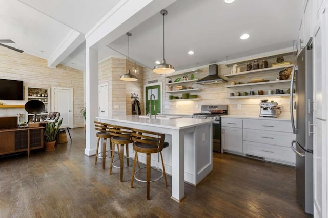 124 Nichols Branch Ln, Clayton, GA 30525 - kitchen featuring appliances with stainless steel finishes, wall chimney range hood, open shelves, a sink, and dark wood-type flooring