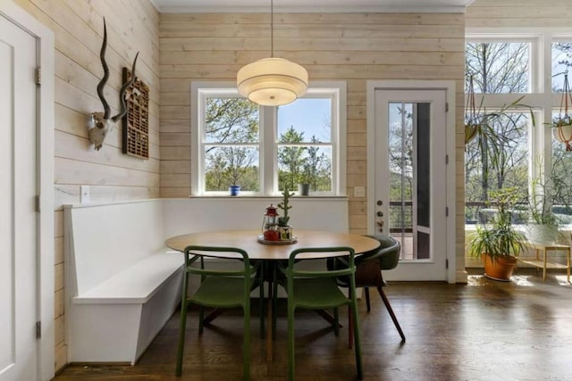 124 Nichols Branch Ln, Clayton, GA 30525 - dining area with wooden walls and dark wood-style floors