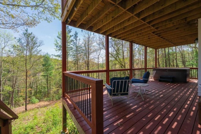 124 Nichols Branch Ln, Clayton, GA 30525 - wooden terrace featuring a hot tub and a wooded view