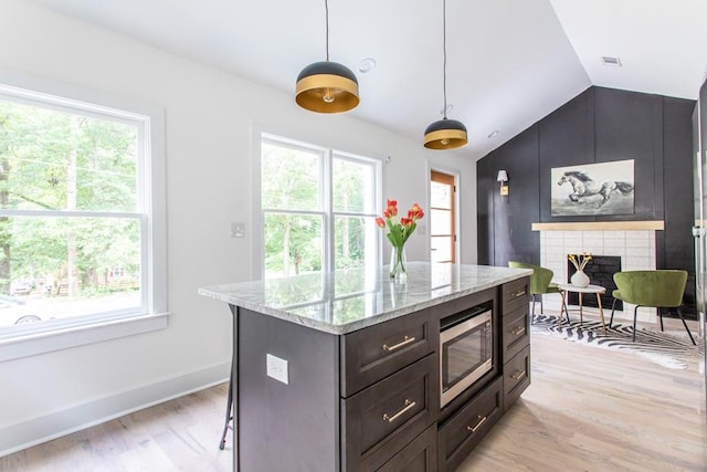 kitchen featuring stainless steel microwave, light wood-type flooring, and a wealth of natural light