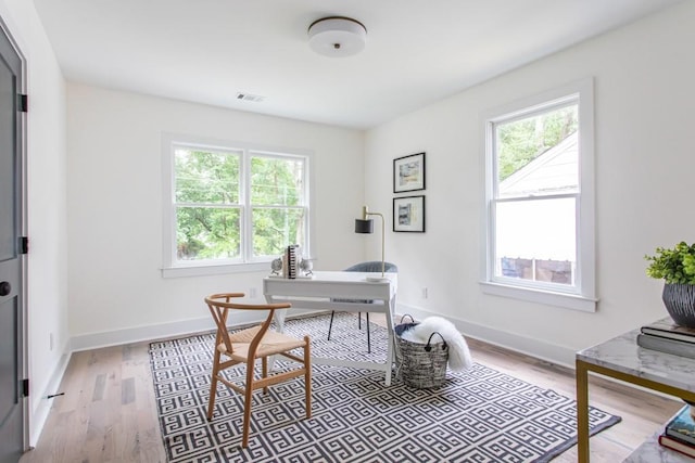 home office with hardwood / wood-style floors and a wealth of natural light