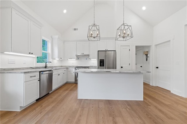 102-A S Cay Dr, Milledgeville, GA 31061 - kitchen featuring stainless steel appliances, a chandelier, high vaulted ceiling, white cabinets, and a center island