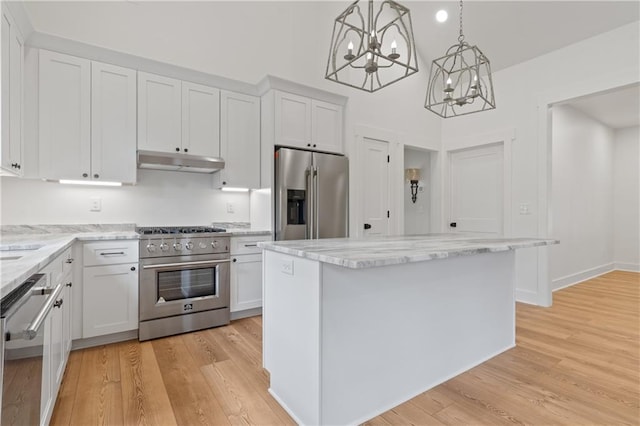 102-A S Cay Dr, Milledgeville, GA 31061 - kitchen with high end appliances, under cabinet range hood, a chandelier, white cabinets, and a high ceiling