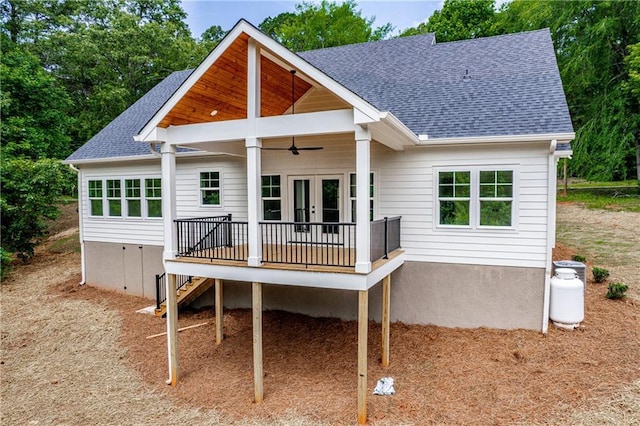 102-A S Cay Dr, Milledgeville, GA 31061 - back of property with french doors, a deck, ceiling fan, a shingled roof, and stairway