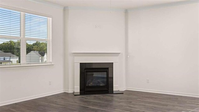 1139 Blue Juniper Cir, Loganville, GA 30052 - unfurnished living room featuring a glass covered fireplace, dark wood-style floors, baseboards, and ornamental molding