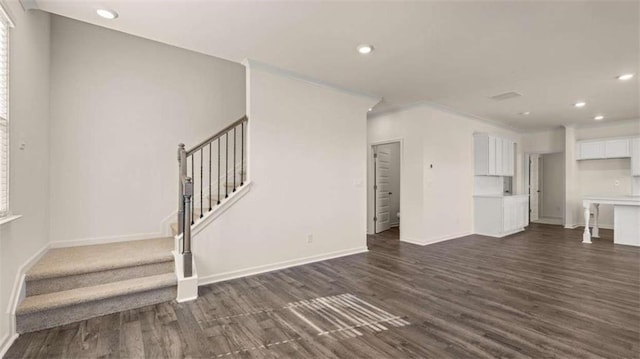 1139 Blue Juniper Cir, Loganville, GA 30052 - unfurnished living room with recessed lighting, stairway, dark wood-style floors, and baseboards