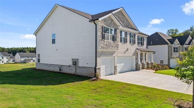 1139 Blue Juniper Cir, Loganville, GA 30052 - view of home's exterior featuring a lawn, concrete driveway, brick siding, a garage, and a residential view