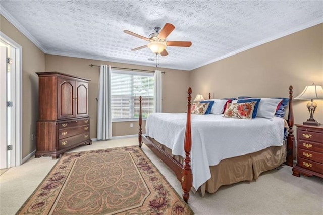 42 Hummingbird Ct, Jefferson, GA 30549 - bedroom featuring light carpet, crown molding, a ceiling fan, and a textured ceiling