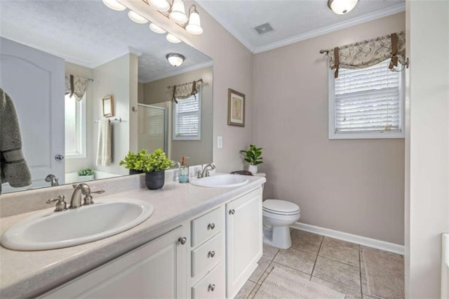 42 Hummingbird Ct, Jefferson, GA 30549 - bathroom featuring ornamental molding, a shower stall, double vanity, toilet, and baseboards