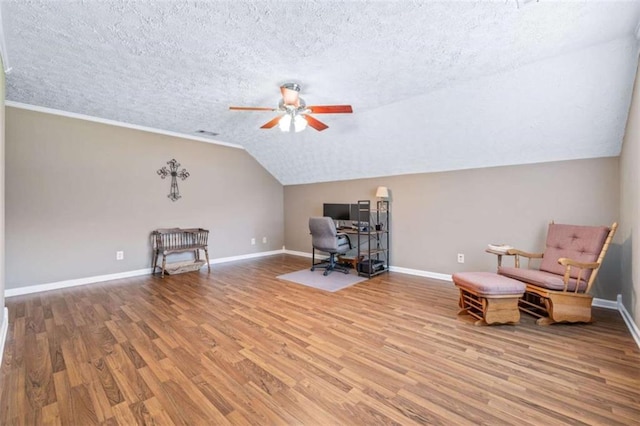 42 Hummingbird Ct, Jefferson, GA 30549 - office area featuring a ceiling fan, a textured ceiling, wood finished floors, lofted ceiling, and baseboards