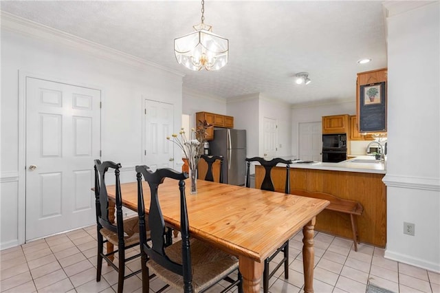 1950 Wenlok Trl NE, Marietta, GA 30066 - dining area featuring light tile patterned flooring, a chandelier, crown molding, a textured ceiling, and recessed lighting