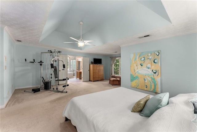 1950 Wenlok Trl NE, Marietta, GA 30066 - carpeted bedroom with crown molding, ceiling fan, connected bathroom, and lofted ceiling