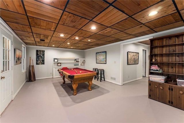 1950 Wenlok Trl NE, Marietta, GA 30066 - game room with finished concrete flooring, wood ceiling, pool table, recessed lighting, and crown molding
