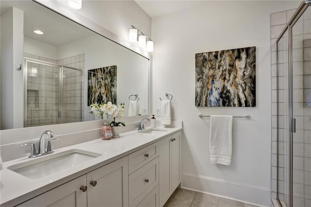 bathroom with tile patterned flooring, vanity, and a shower with shower door