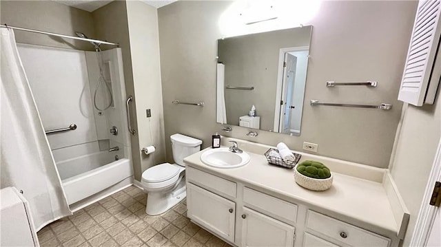 full bathroom with vanity, toilet, and shower / bathtub combination with curtain