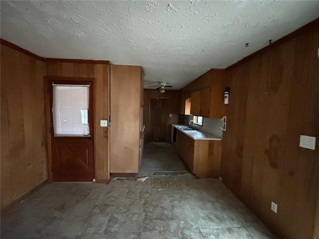 kitchen featuring ceiling fan, sink, wood walls, and a textured ceiling