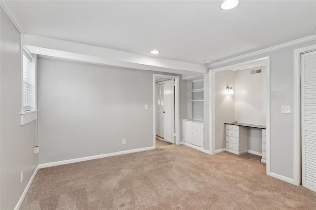 interior space with crown molding, recessed lighting, visible vents, and baseboards