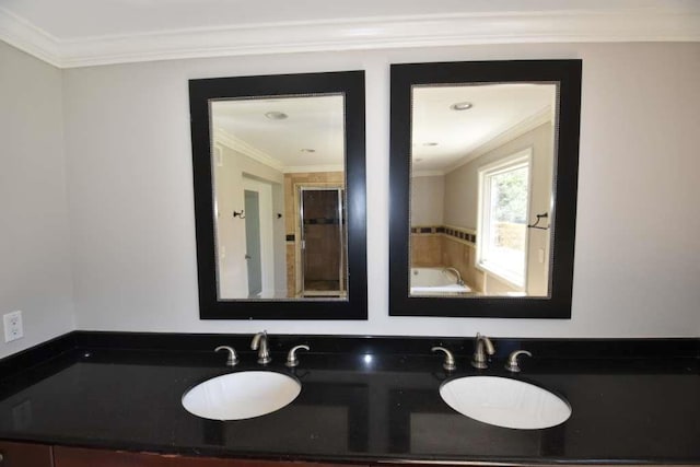 bathroom featuring a sink, double vanity, and crown molding