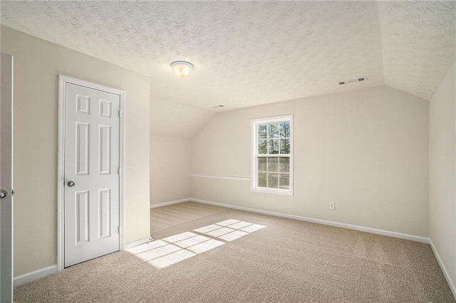 additional living space with light carpet, a textured ceiling, and lofted ceiling