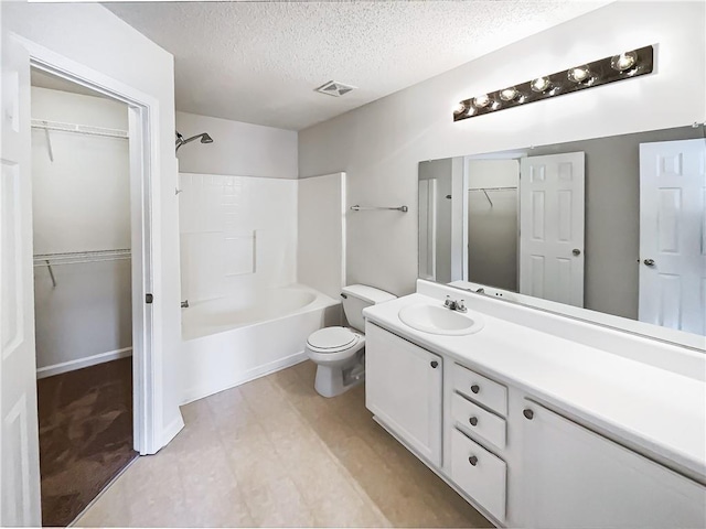 bathroom with shower / bath combination, visible vents, toilet, a textured ceiling, and vanity