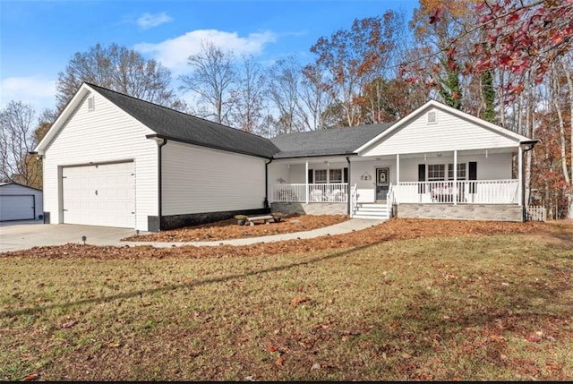 ranch-style house with a porch and a front yard