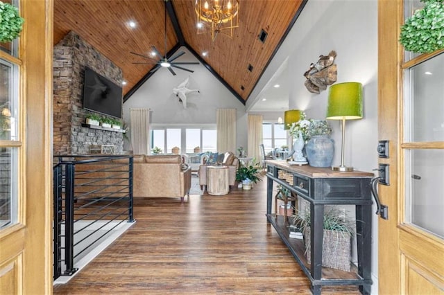 foyer featuring hardwood / wood-style floors, beamed ceiling, wooden ceiling, and high vaulted ceiling