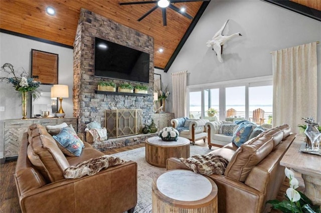 living room featuring wood ceiling, a fireplace, high vaulted ceiling, and hardwood / wood-style flooring