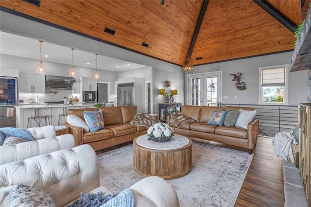 living room with high vaulted ceiling, beamed ceiling, dark hardwood / wood-style flooring, wooden ceiling, and french doors