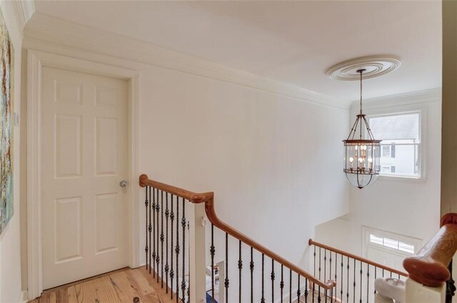 1038 Huntcliff, Atlanta, GA 30350 - corridor featuring a chandelier, an upstairs landing, crown molding, and light wood finished floors