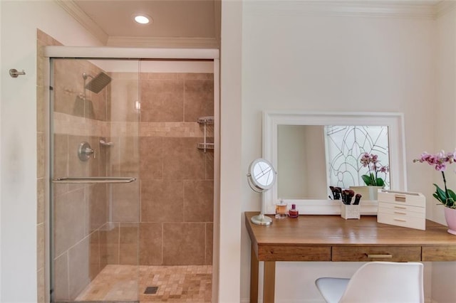 1038 Huntcliff, Atlanta, GA 30350 - full bathroom with crown molding, a stall shower, and recessed lighting