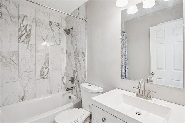 full bath with toilet, shower / bath combo, and vanity