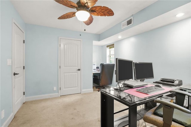 150 Victoria Sta, Woodstock, GA 30189 - office area featuring ceiling fan, baseboards, light carpet, and recessed lighting