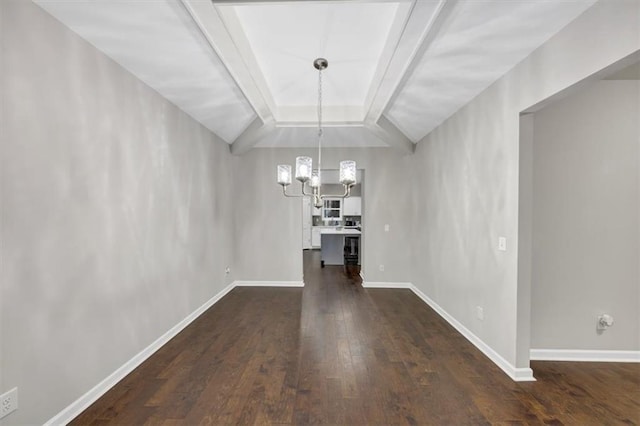 unfurnished dining area with vaulted ceiling with beams, dark hardwood / wood-style floors, and a notable chandelier